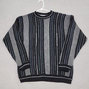 90s Coogi Like 3D Knit Sweater Mens Medium Gray Stripe Heavyweight Pullover